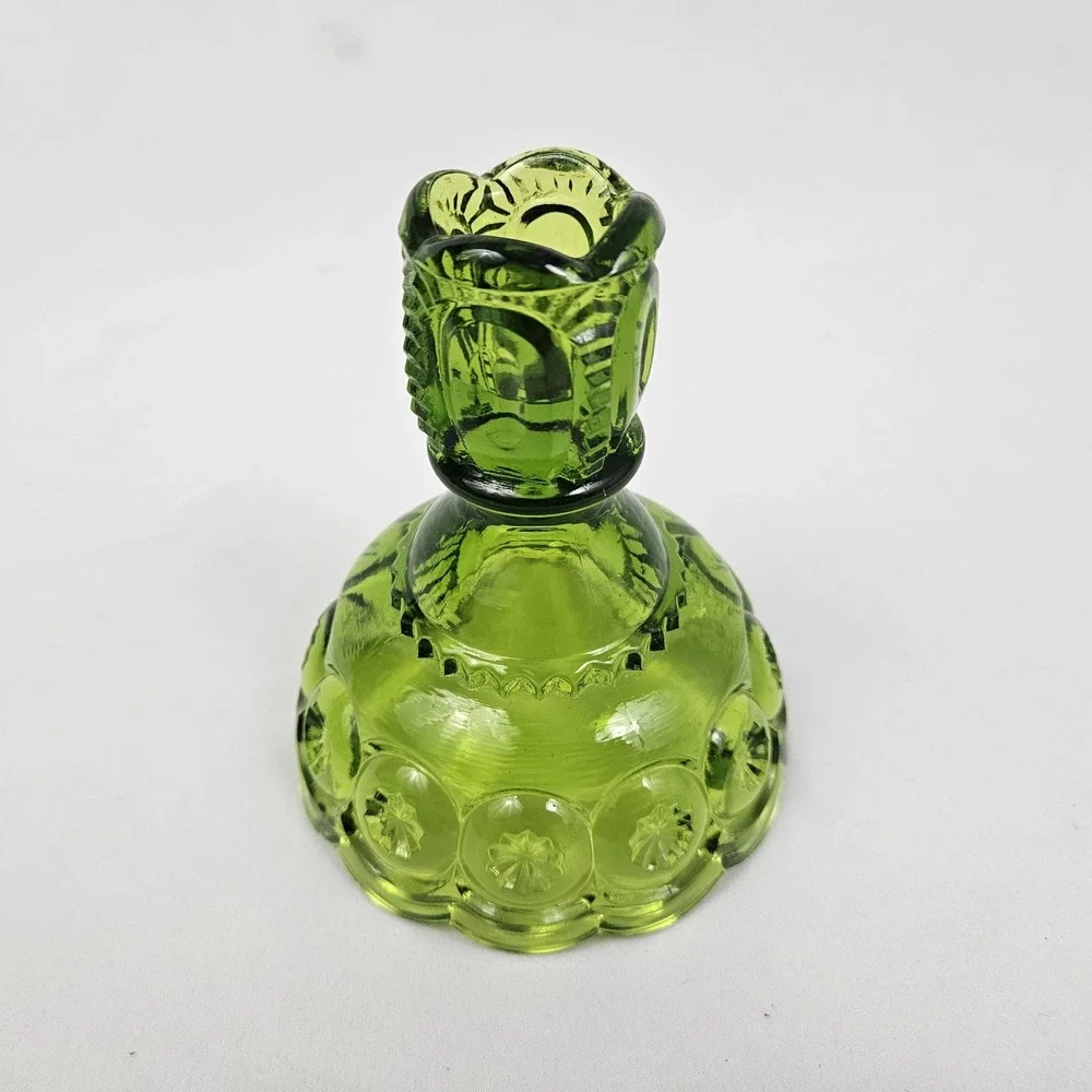 Vintage LE Smith Candle Holder Candlestick Green Glass MCM Stars & Moon